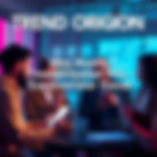 Trend Origin Investigation A group of people discussing a trending topic with phones and laptops, illustrating debate and conversation.