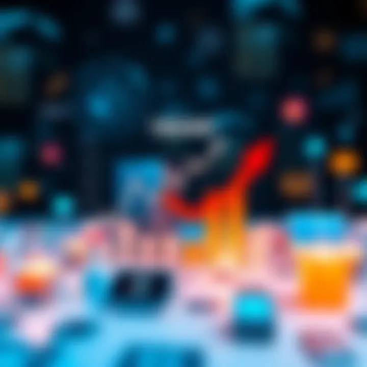 A chart showing trends based on a year-old image, with arrows indicating rising and falling patterns, surrounded by icons representing different industries.