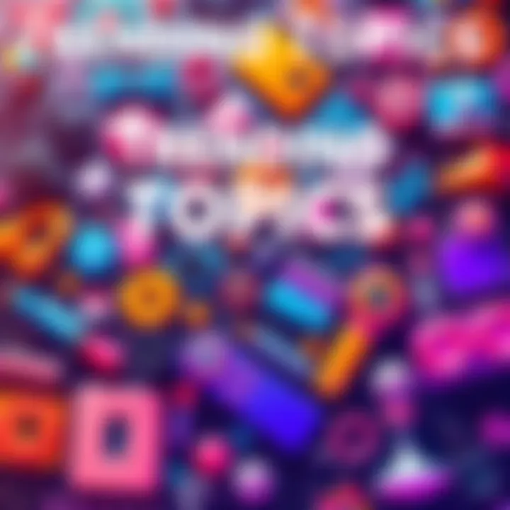 Trending Topics A vibrant collage of popular trends with various icons like music notes, fashion items, and tech gadgets.