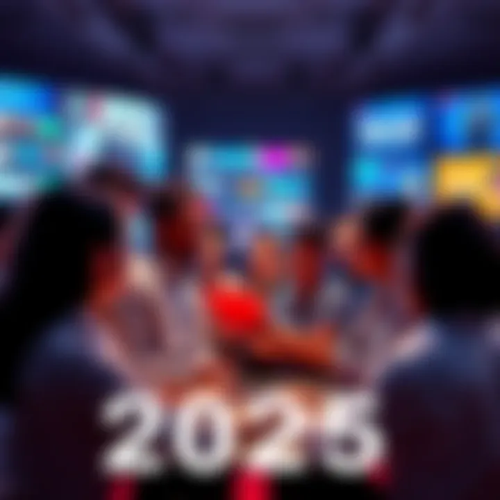 Trends in 2025 A group of diverse people discussing emerging trends and ideas for 2025, surrounded by digital screens displaying various topics.