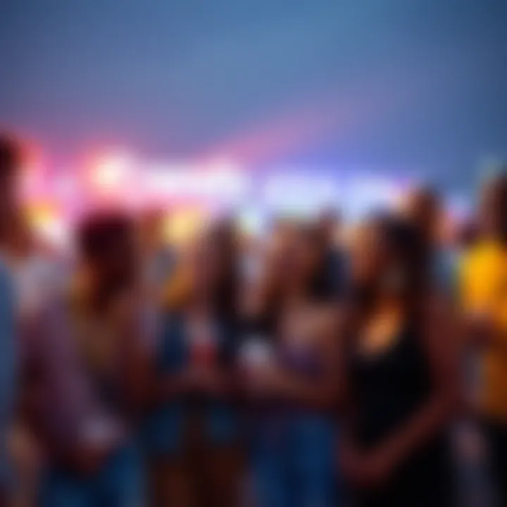 A diverse group of people enjoying a connected moment at a vibrant outdoor event, sharing laughter and smiles.