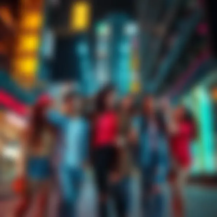 A group of young people showing off the trendy new item in a vibrant urban setting