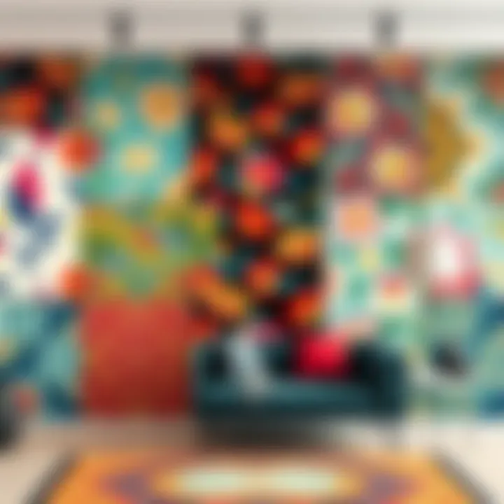A collection of colorful and stylish wallpaper patterns displayed on a wall, showcasing modern interior decor.