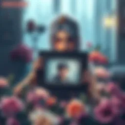 Silvervale holding a framed photo of her brother with tears in her eyes, surrounded by flowers, reflecting on her loss.