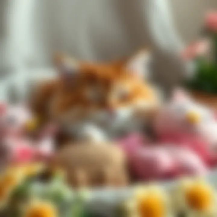 A fluffy cat resting comfortably with a gentle expression, surrounded by soft toys and flowers, symbolizing love and remembrance.