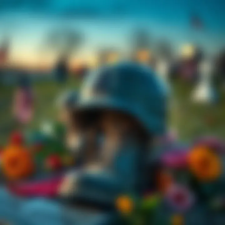 A soldier's helmet and boots placed on a memorial with flowers around them