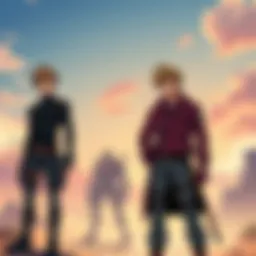 Trigun Anime Characters Two main characters from the anime Trigun standing in a desert setting, showcasing a classic 90s anime style