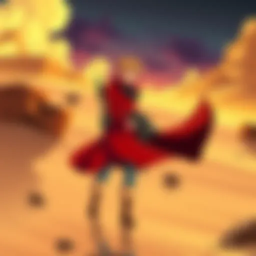 Vash the Stampede with a desert backdrop, showcasing his iconic red coat and gun, surrounded by striking visuals and dynamic action.