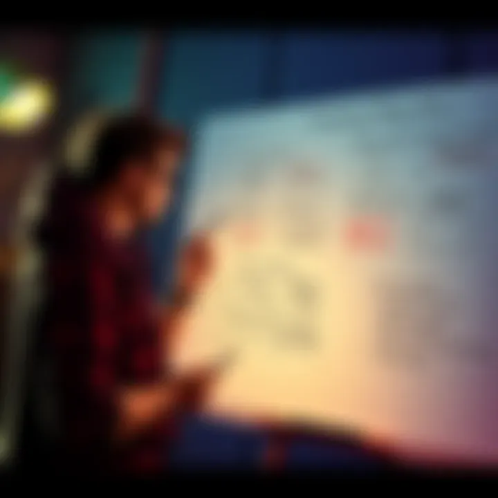 A director reviewing story arcs on a whiteboard, planning for a more engaging narrative.