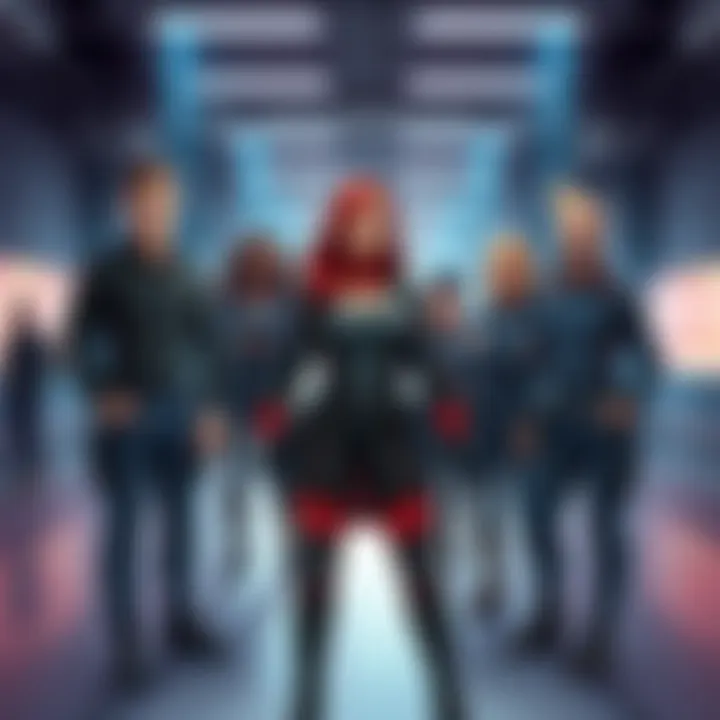 Trish stands confidently among members of La Squadra, showcasing their complex interactions and relationships in a modern setting.