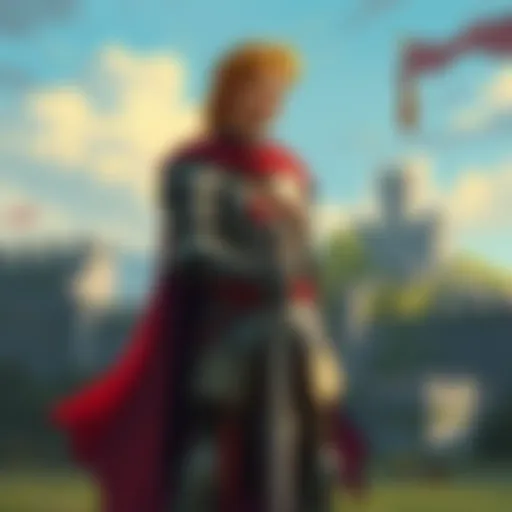 An illustration of Tristan, a knight from Arthurian tales, standing with a sword, looking contemplative, with historical castle ruins in the background.