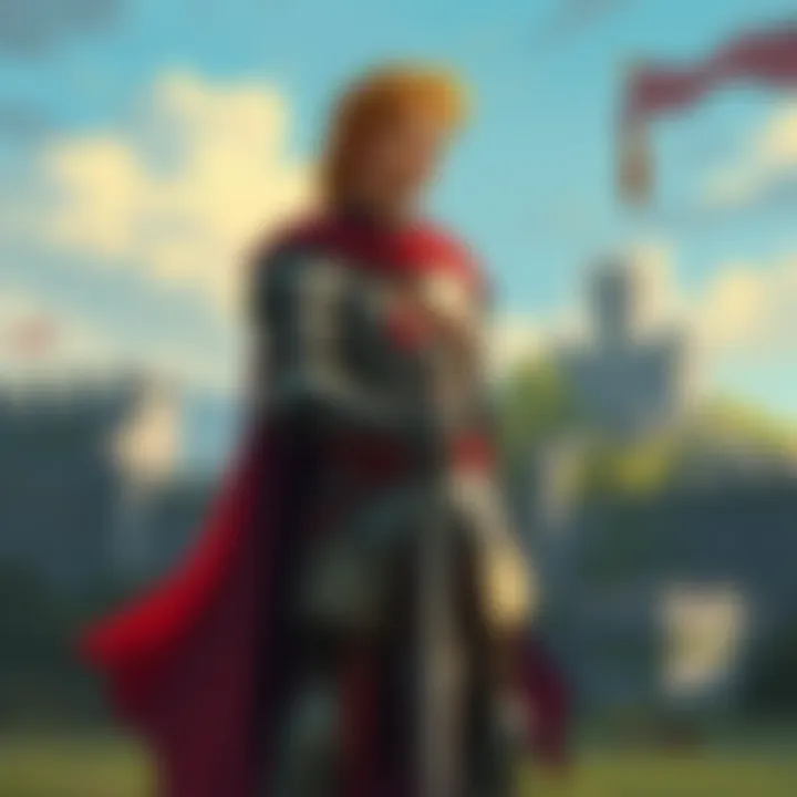An illustration of Tristan, a knight from Arthurian tales, standing with a sword, looking contemplative, with historical castle ruins in the background.