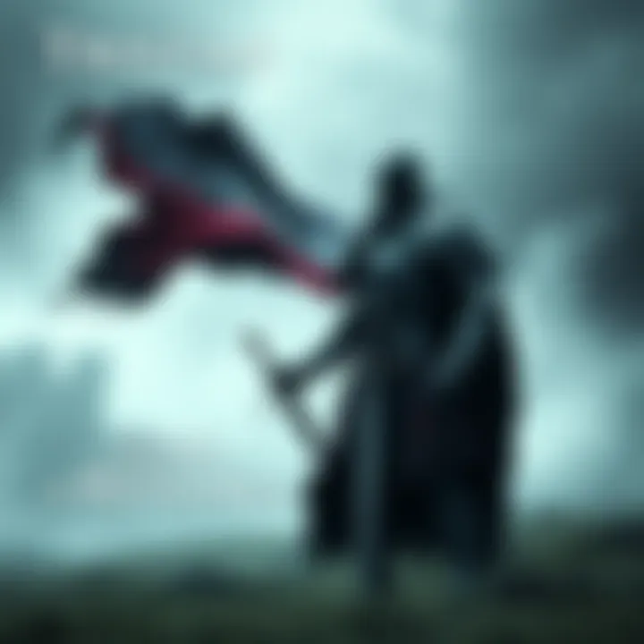 A dark armored knight named Tristan stands in a misty battlefield, holding a sword with a tattered cape blowing in the wind. His armor has symbols related to pestilence and decay, reflecting his title...