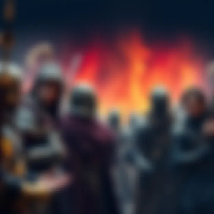 A scene showing a group of knights discussing Tristan’s fate, with one knight looking concerned while another gestures. The background hints at a legendary atmosphere.