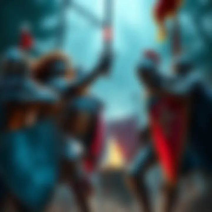 Tristen in shining armor, sword raised, facing off against fellow knights Percival, Lancelot, and Gawain in an intense battle scene.