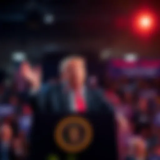 Former President Trump addressing a crowd at a political event, expressing his latest thoughts and ideas.