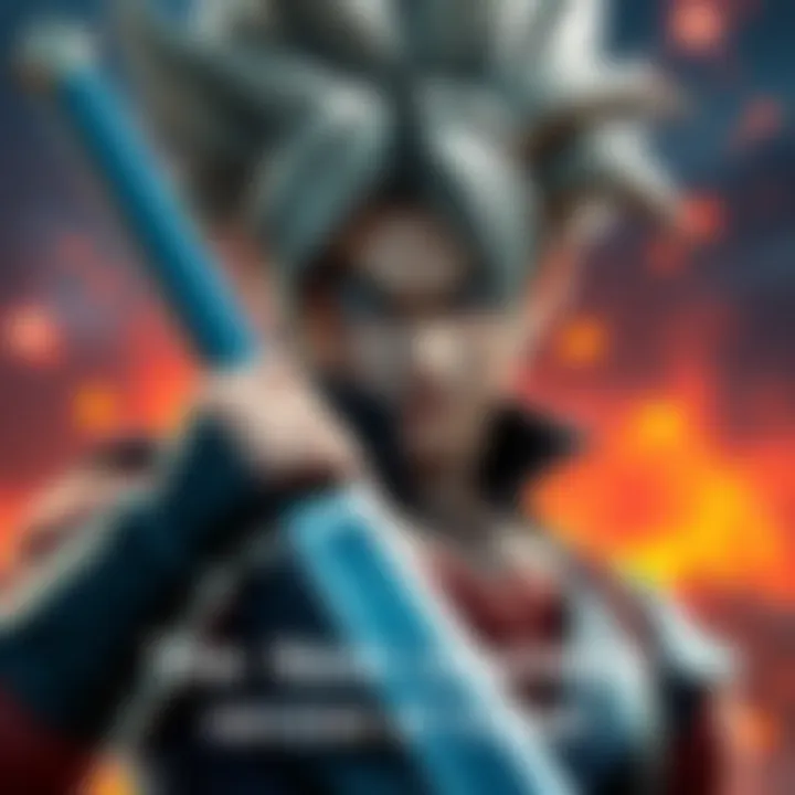 Trunks Character Reveal Trunks in his new legendary outfit, ready for battle with a sword in hand, showcasing his iconic hairstyle and determined expression.