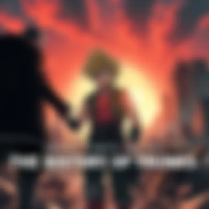 A dramatic moment featuring Trunks in a desolate future, showcasing his determination and struggle against villains. The background depicts a ruined city, emphasizing the series' darker themes.