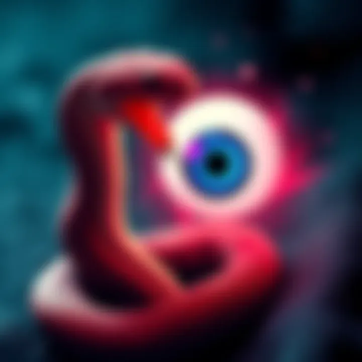 A Tsuchinoko, resembling a snake with a round body, interacts with a floating Evil Eye, depicted as an eye with a blue iris and a white background, symbolizing their connection in folklore.