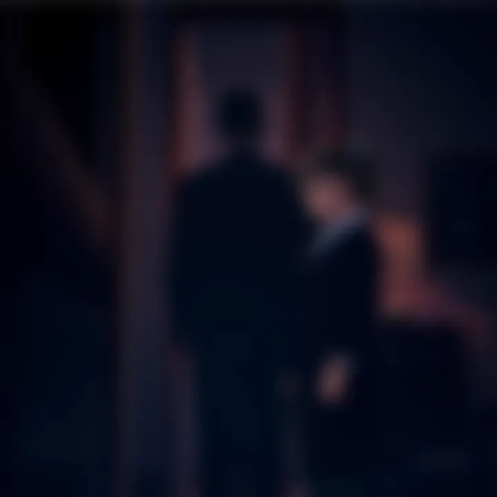 Tsuguri and Yuka's mother standing in a dimly lit room, looking contemplative with a shadowy figure of a man in the background, suggesting tension in the family.