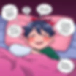 A cartoon of Tsukasa sleeping with a big smile, while funny thought bubbles show discussions about privilege around him.