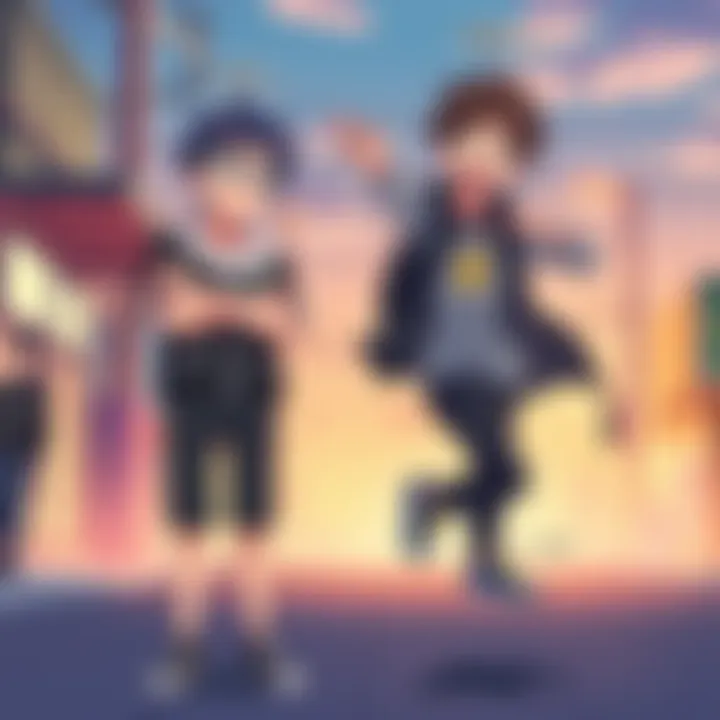 Tsukishima, the studious character, stands with crossed arms, looking frustrated while Nishinoya, the energetic character, leaps beside him with a big smile, creating a humorous contrast between their personalities.