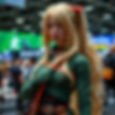 Tsunade Cosplay Display A cosplayer dressed as Tsunade showcasing a detailed costume with signature outfit and long blonde hair at a convention