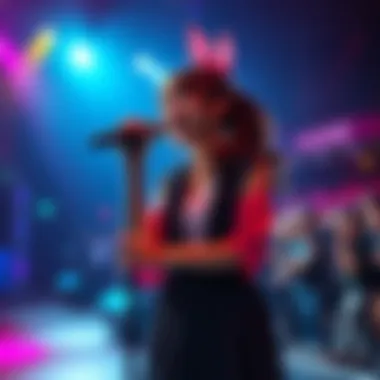 Tsunomaki Watame performing on stage with colorful lights and a cheering crowd