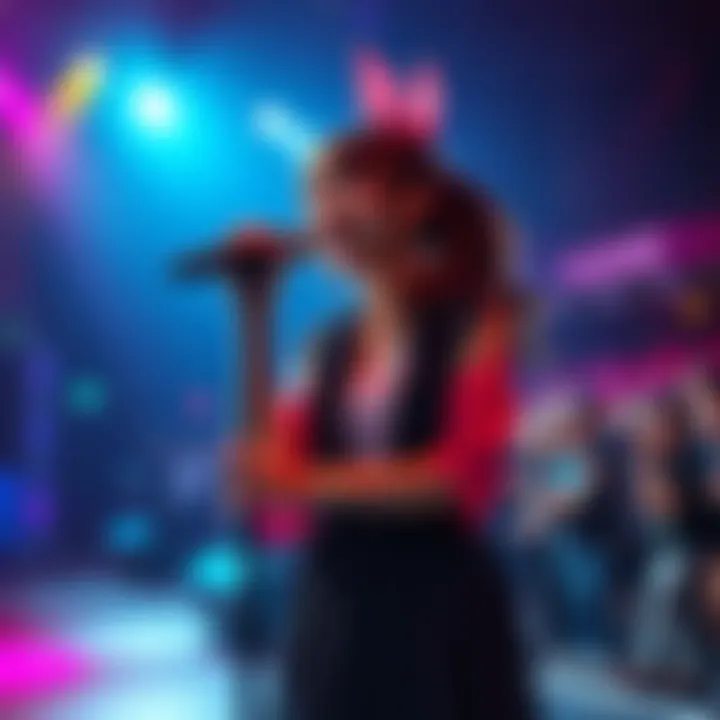 Tsunomaki Watame performing on stage with colorful lights and a cheering crowd
