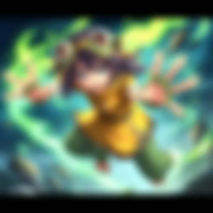 Tsuyu Asui, a character with frog features, using her powers in a heroic pose.