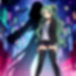 A character resembling Tsuyu Asui with green hair, wearing a stylish outfit, standing next to a shadowy figure symbolizing her mysterious aunt, set in a vibrant anime-style background.