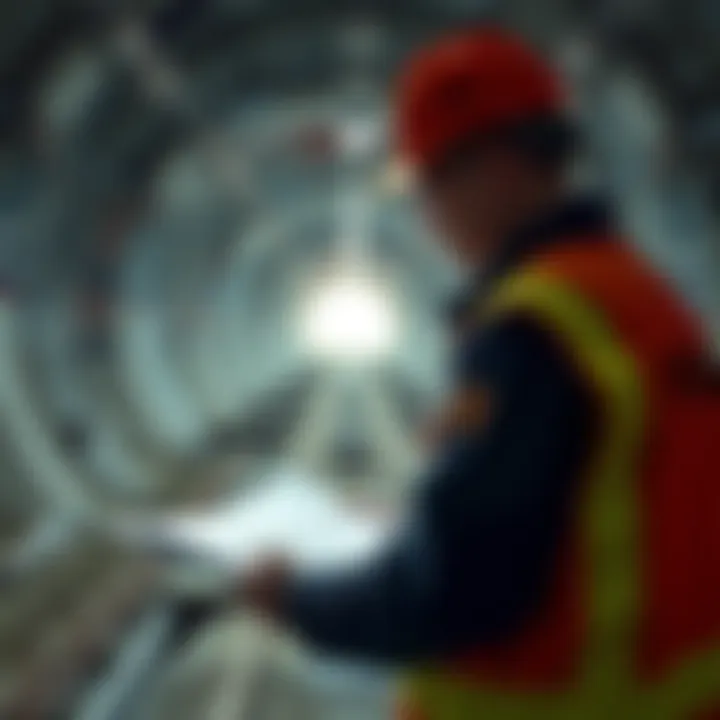 An engineer examines a tunnel construction site with blueprints in hand, highlighting oversight issues.