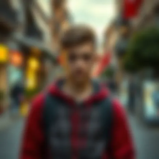 A 16-year-old boy with cerebral palsy stands confidently on a city street, inspired by the manga Berserk, showing determination in his expression.