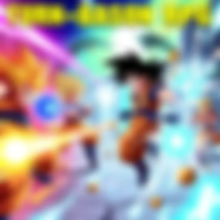 A colorful graphic showing characters inspired by Dragon Ball in a turn-based battle scene with energy attacks