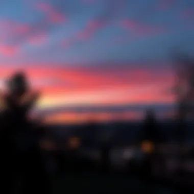 A serene twilight scene with soft colors in the sky, people enjoying the calm atmosphere, and silhouettes of trees in the background.