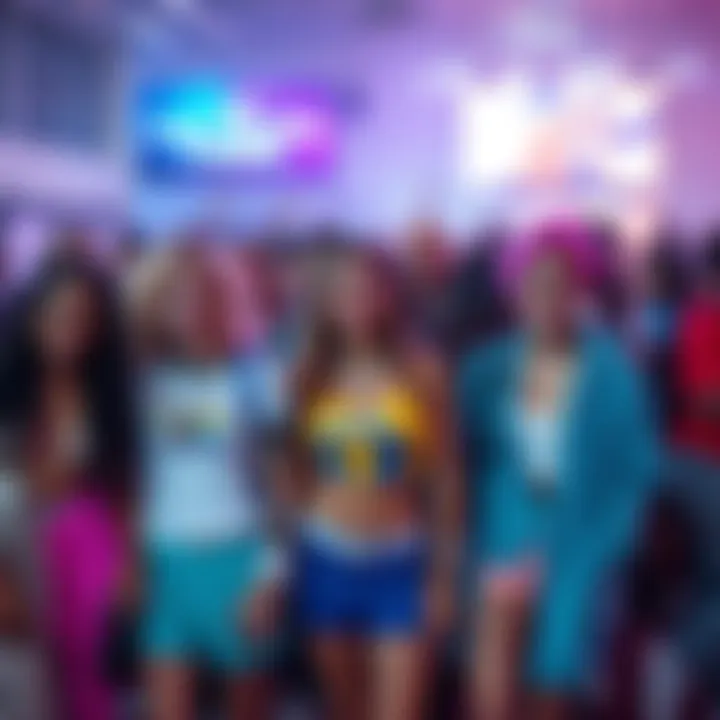 A diverse group of young individuals celebrating twink culture at a lively event, showcasing vibrant fashion and community spirit.