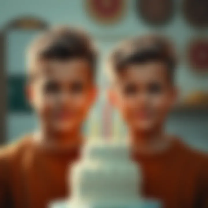 Two individuals standing side by side, showing their similarities in appearance and expression, with a birthday cake in the background, representing their shared birthday.