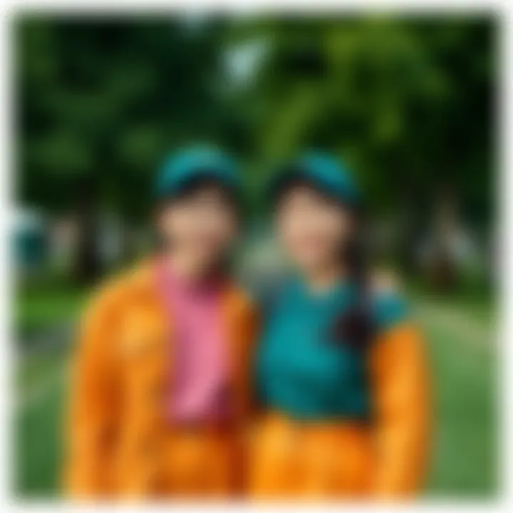 Two identical twins dressed in matching outfits, smiling and standing side by side in a park, showcasing their close bond.