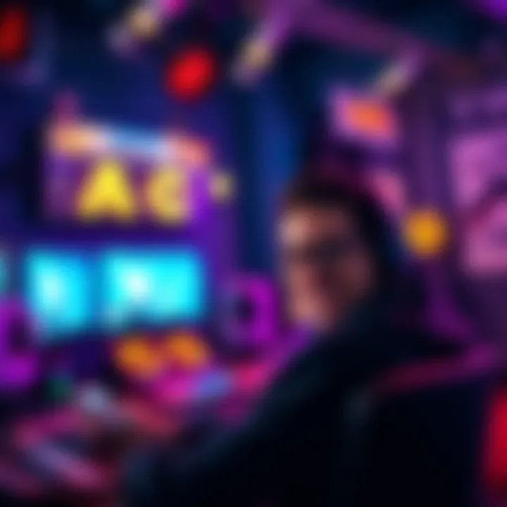 A vibrant Twitch streaming setup with a smiling person, colorful lights, and gaming equipment, inviting viewers to join in live interactions.