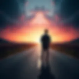 A person standing at a fork in the road, contemplating two different paths, representing decision-making options.