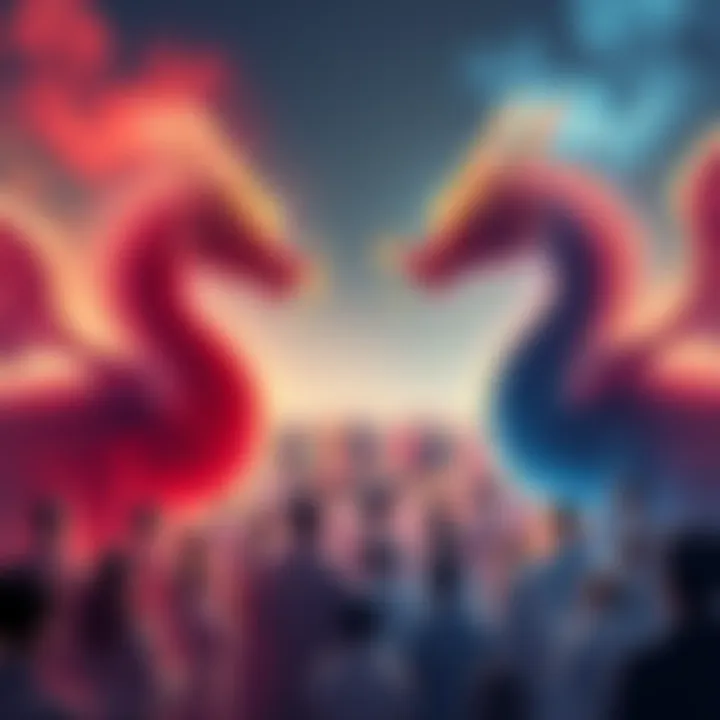 An illustration showing two dragon gods facing each other, surrounded by a vibrant community of people discussing their connection.