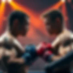 Two fighters face off in a ring, preparing for a contest.