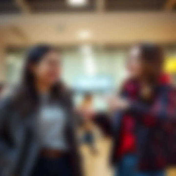 Two friends smiling and laughing while pointing at their girlfriends, who look alike, standing next to them
