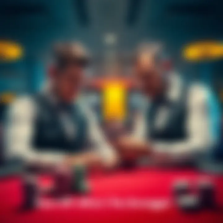 Two skilled gamblers focused on their cards in a high-stakes game, with chips stacked in front of them.