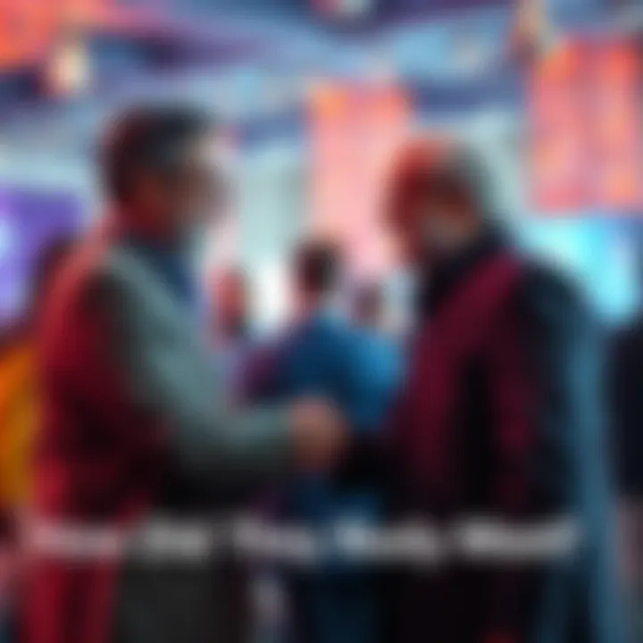 Two notable figures shaking hands at a social event, smiling and engaging in conversation.