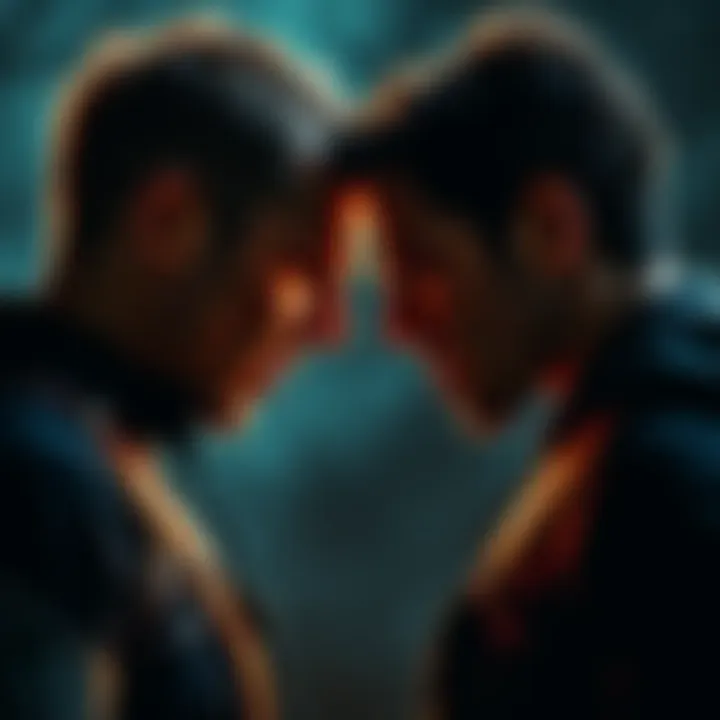 Two rivals confront each other A tense standoff between two characters showing their true emotions, revealing underlying animosity.