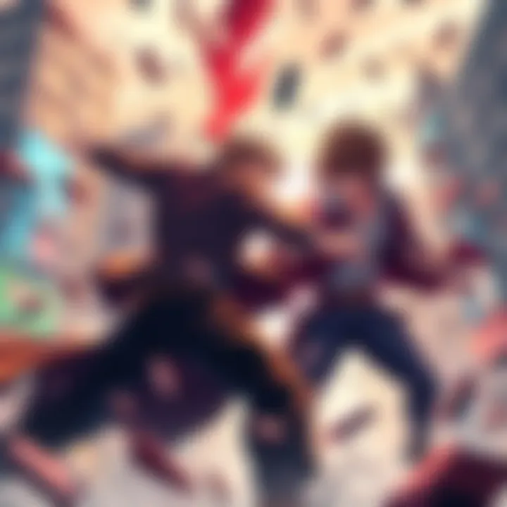 A dramatic scene of two brothers fighting in a city, with debris flying around them as one brother is shown to be controlled by another force.