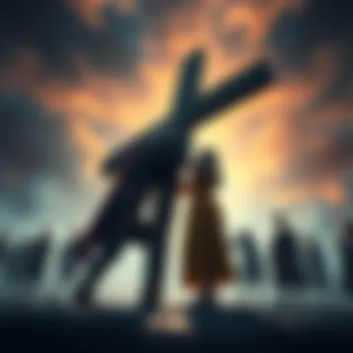 Two characters struggling to lift a large cross while others watch; representing strength and burden
