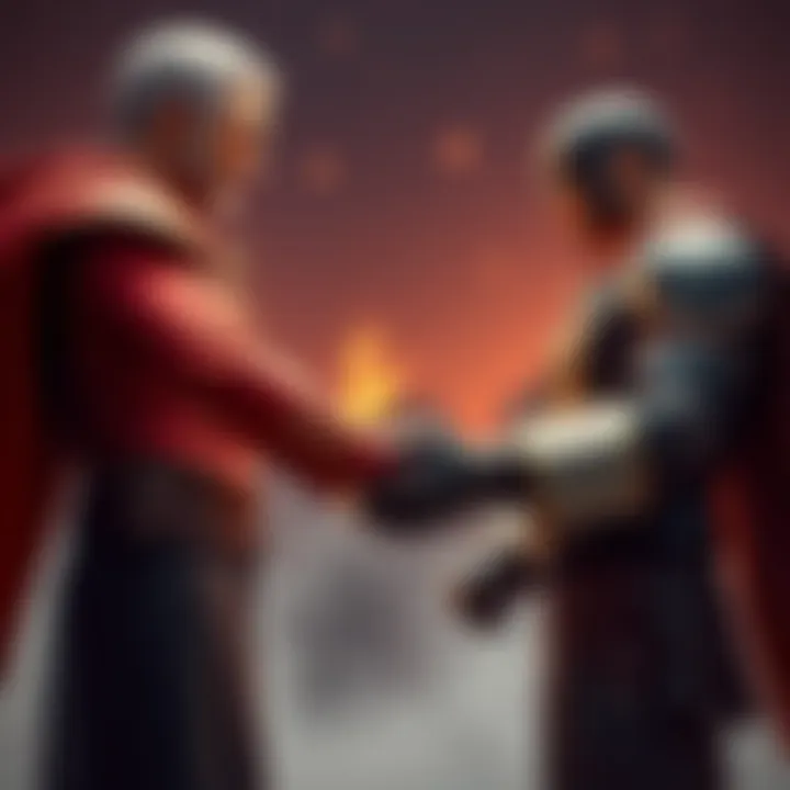 Two powerful characters, once enemies, now shake hands in a display of unity and alliance.