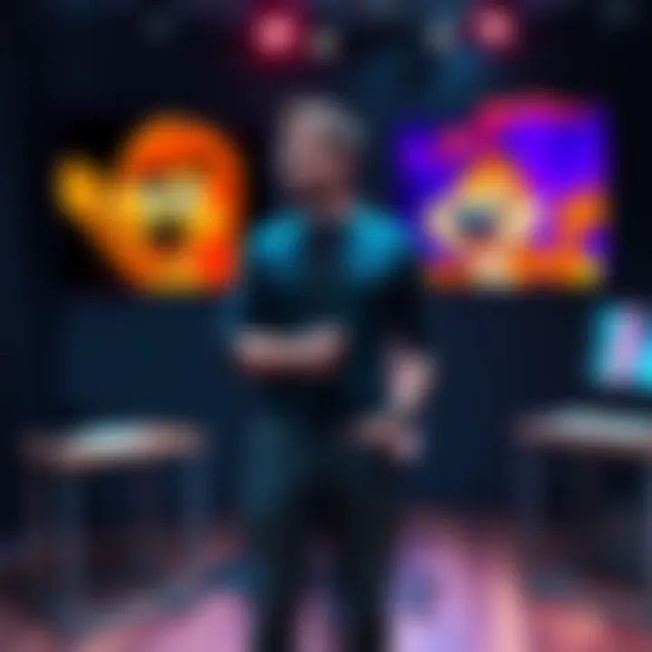 Two Characters Voice Actor A voice actor stands in a recording studio, holding a microphone, surrounded by images of two iconic animated characters they voice.